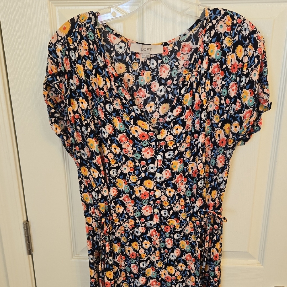 LOFT Navy Floral Dress with Multicolor Blooms